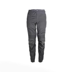 Used Dainese black textile touring trousers with knee and hip protection and a waterproof membrane, showing minor wear marks.
