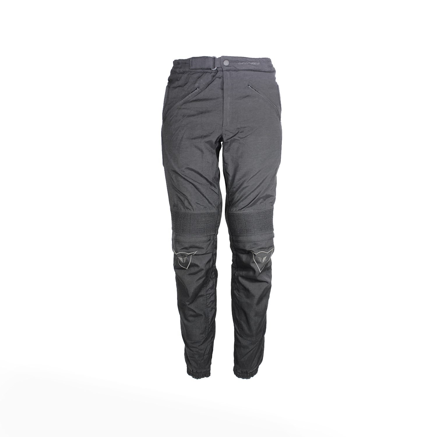 Used Dainese black textile touring trousers with knee and hip protection and a waterproof membrane, showing minor wear marks.