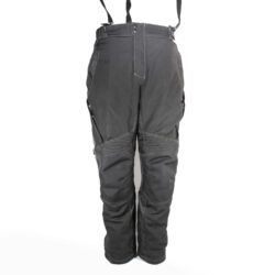 Used Crivit Sports black textile touring trousers with knee protection, a Z-liner waterproof membrane, removable thermal liner, and adjustable shoulder straps.