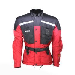 Used Hein Gericke black and red all-season touring jacket with Cordura fabric, shoulder, elbow, and back protection, a waterproof membrane, and reflective panels.
