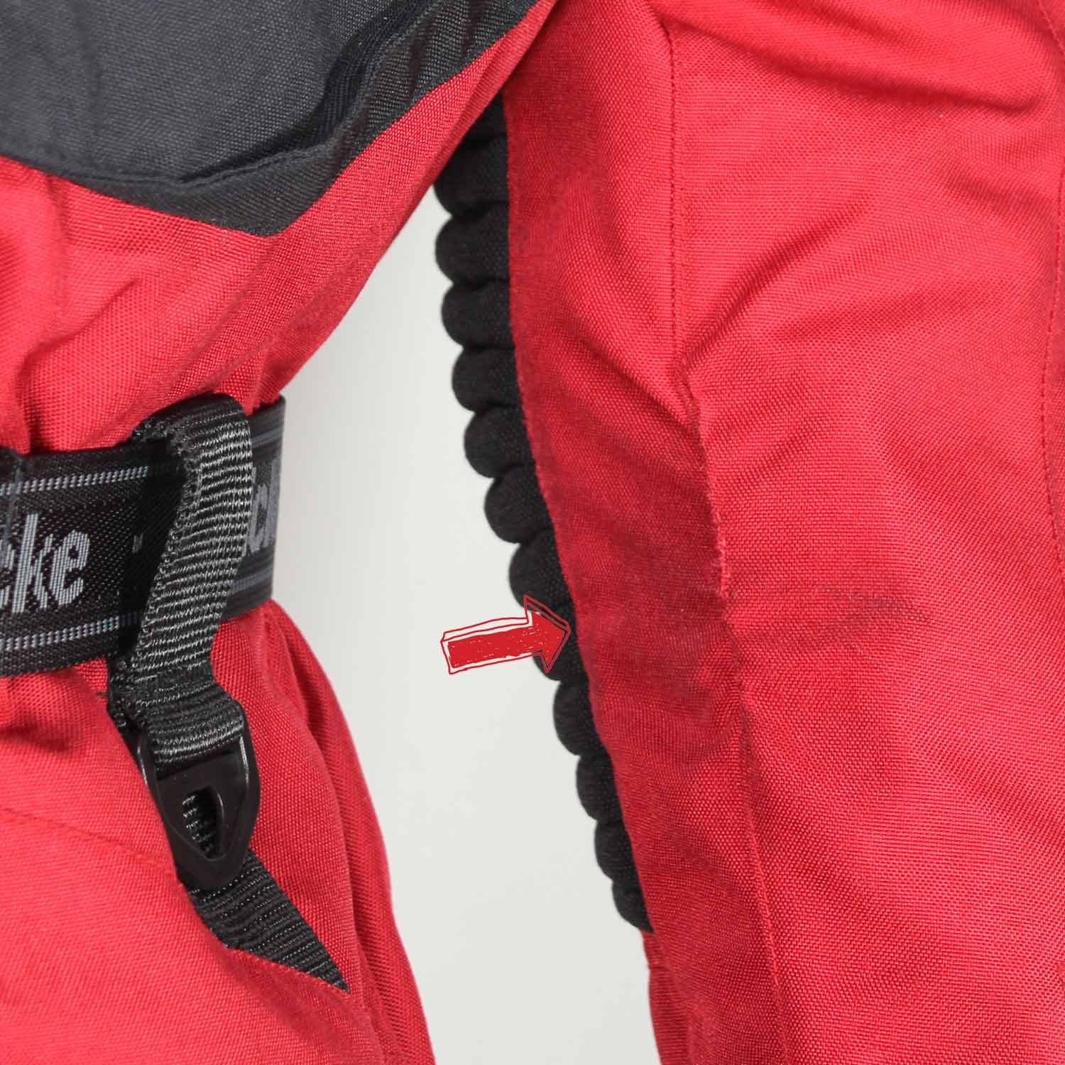 Used Hein Gericke black and red all-season touring jacket with Cordura fabric, shoulder, elbow, and back protection, a waterproof membrane, and reflective panels.