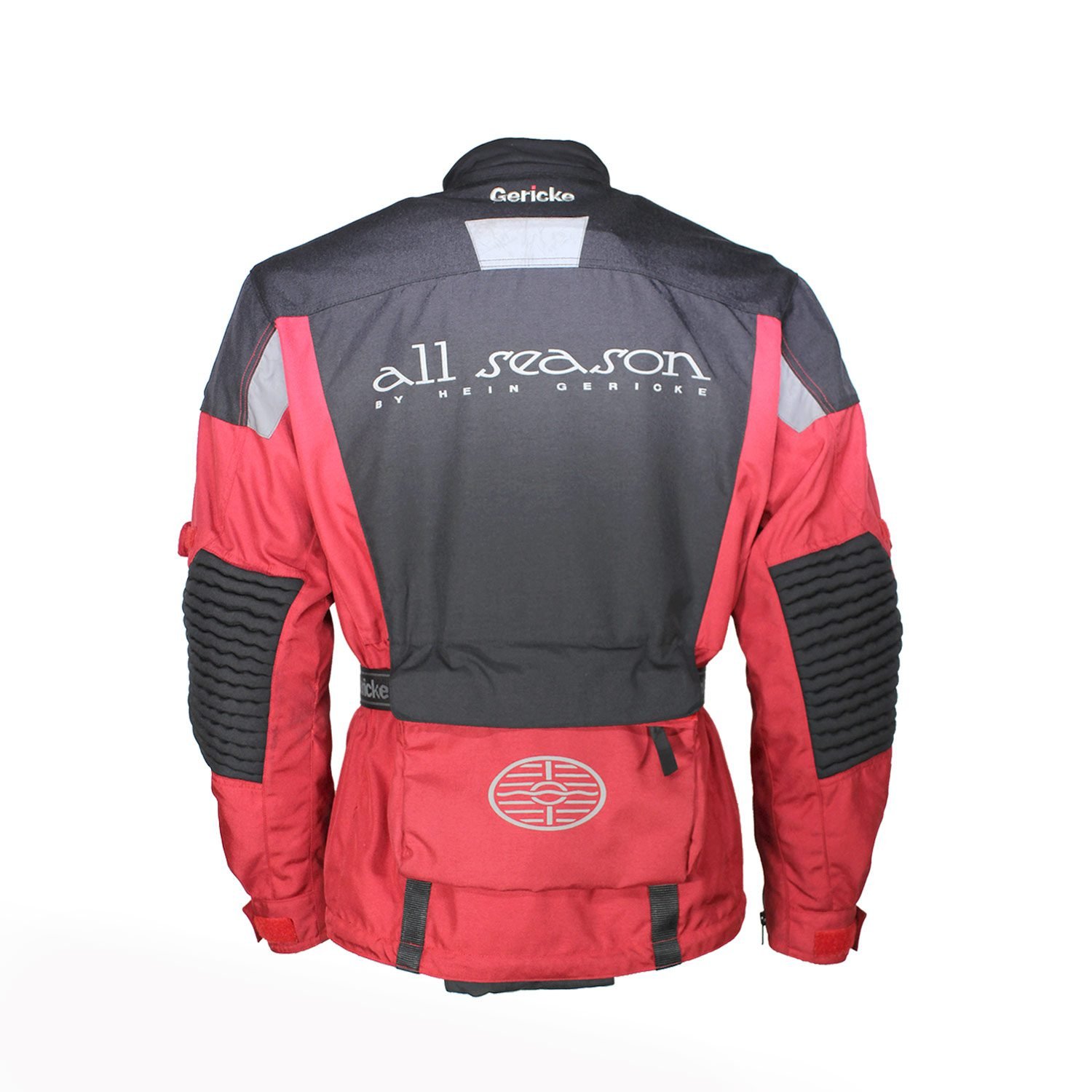 Used Hein Gericke black and red all-season touring jacket with Cordura fabric, shoulder, elbow, and back protection, a waterproof membrane, and reflective panels.