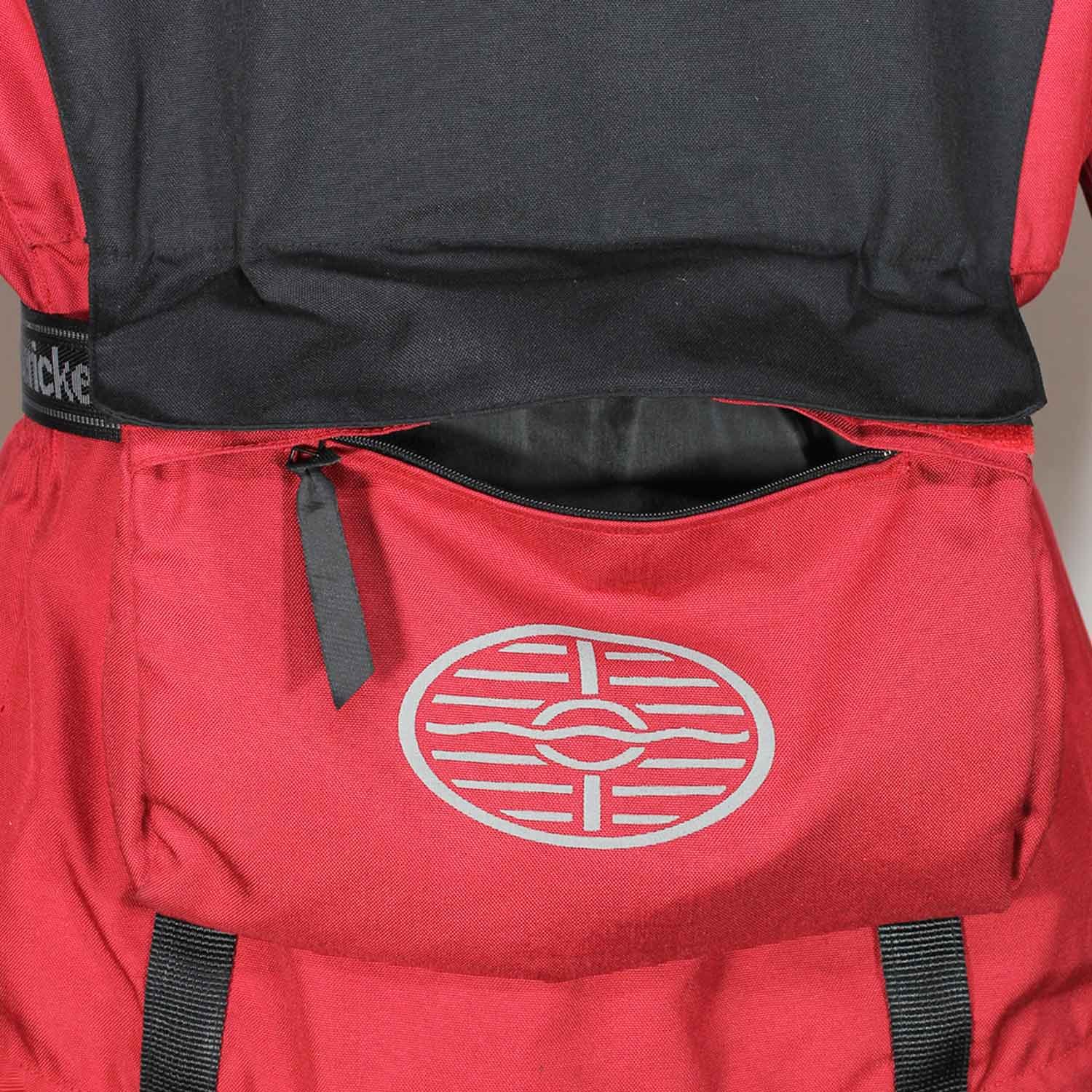 Used Hein Gericke black and red all-season touring jacket with Cordura fabric, shoulder, elbow, and back protection, a waterproof membrane, and reflective panels.