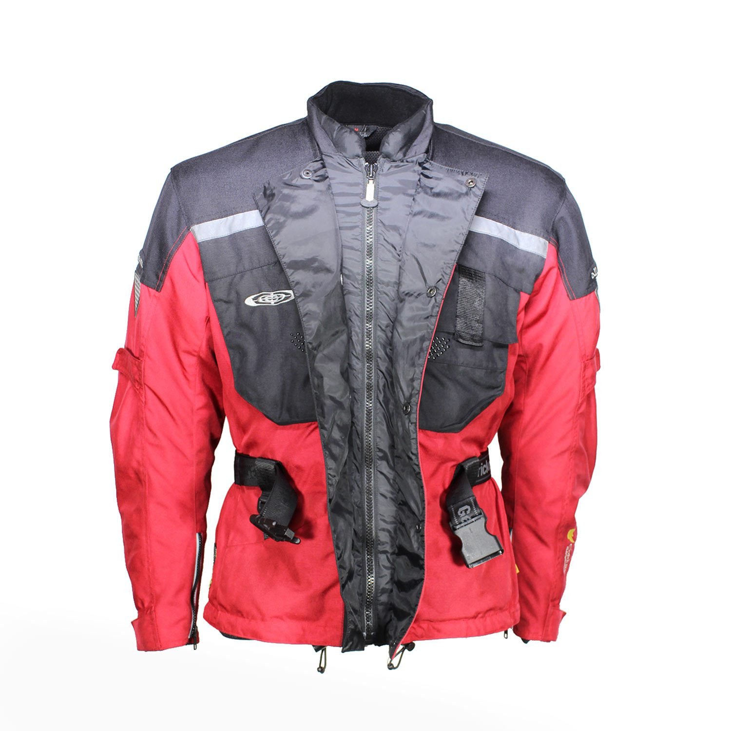 Used Hein Gericke black and red all-season touring jacket with Cordura fabric, shoulder, elbow, and back protection, a waterproof membrane, and reflective panels.