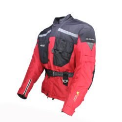 Used Hein Gericke black and red all-season touring jacket with Cordura fabric, shoulder, elbow, and back protection, a waterproof membrane, and reflective panels.