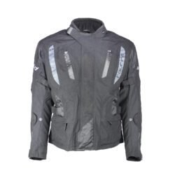 Used Held black textile touring jacket with a Reissa-Z waterproof membrane, certified shoulder and elbow protectors, a removable thermal liner, and ventilation vents.