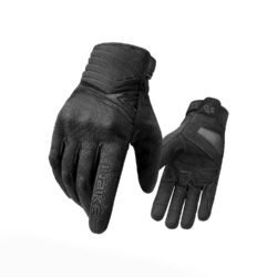 Black motorcycle gloves with knuckle protectors on a table.