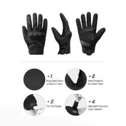 Black motorcycle gloves with knuckle protectors on a table.