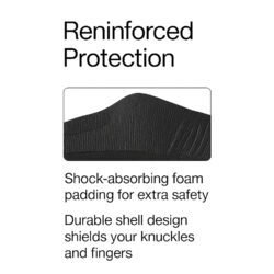 Black motorcycle gloves with knuckle protectors on a table.