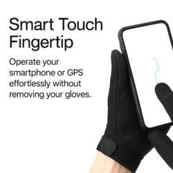 Black motorcycle gloves with knuckle protectors on a table.