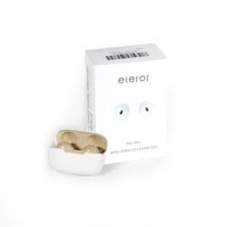 A pair of ivory-white wireless earbuds sitting inside a matching, open charging case.