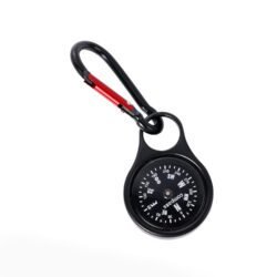 A silver metal compass with a luminous dial and a black carabiner clip.
