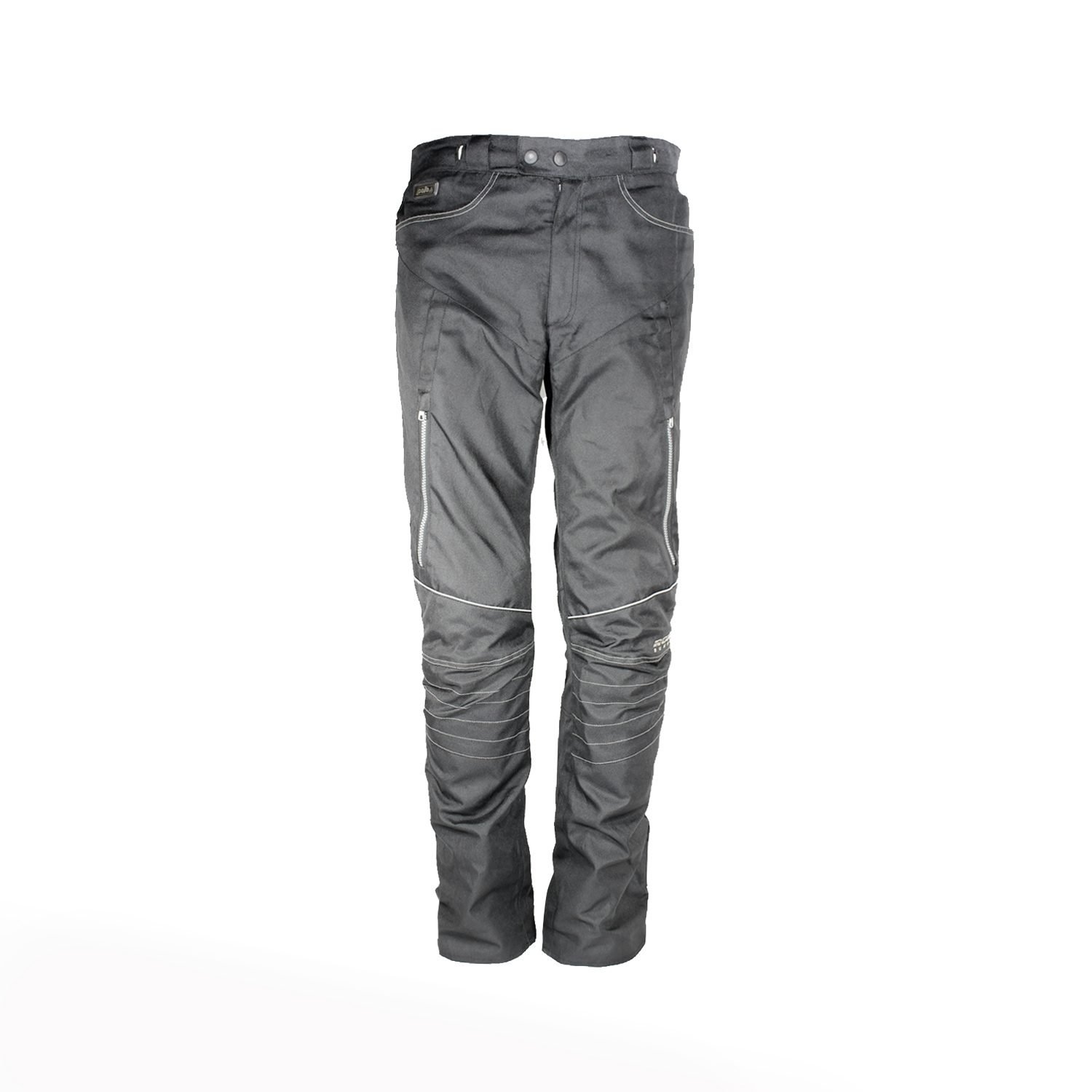 Used Polo Road black textile summer trousers with knee protection, ventilation air vents, a combi-jacket connection zipper, and a casual look.