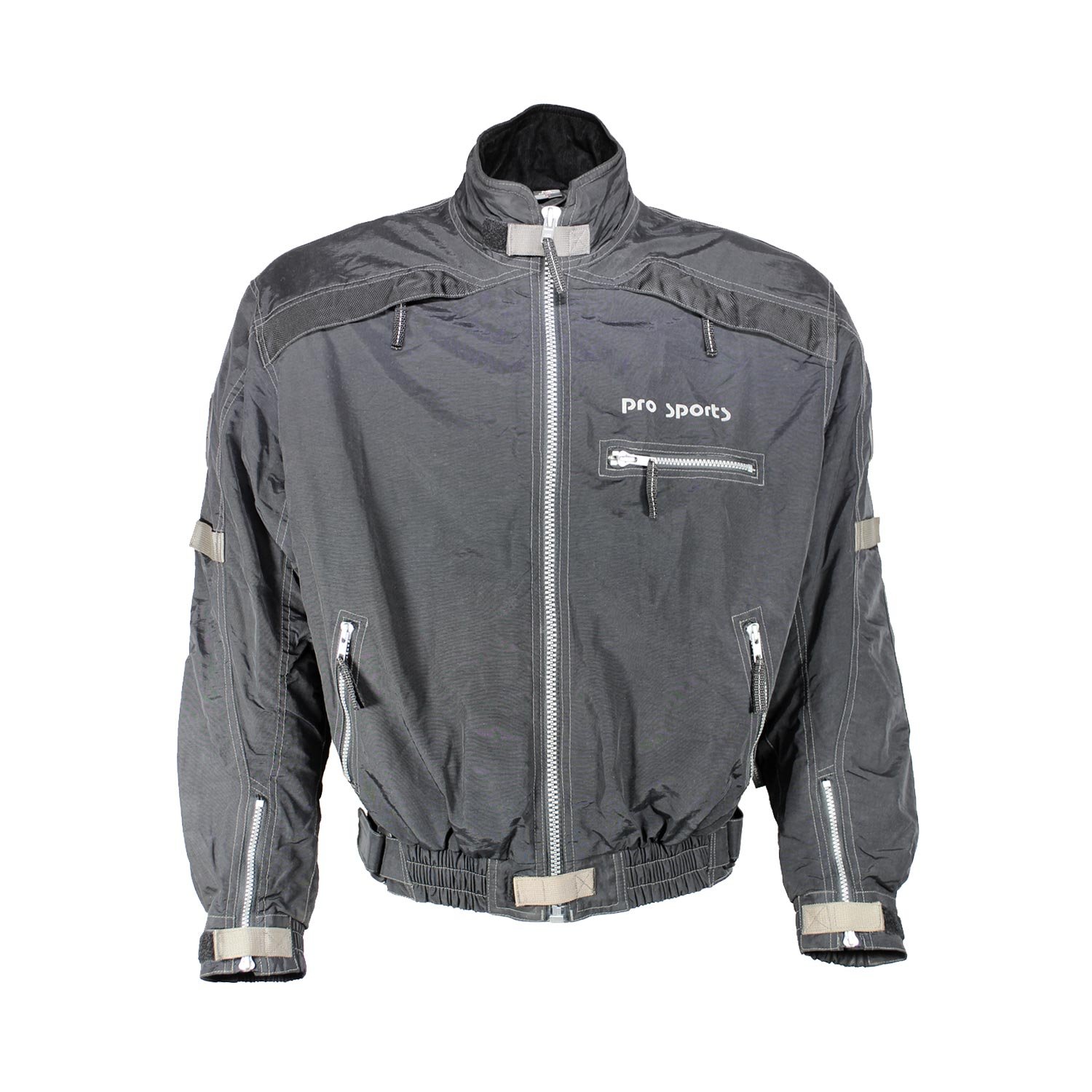 Used Pro Sports black casual textile jacket with Cordura reinforcement on shoulders and elbows, a back protector, ventilation vents, and reflective details.