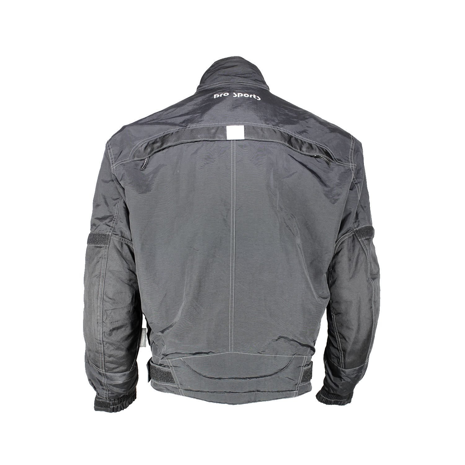 Used Pro Sports black casual textile jacket with Cordura reinforcement on shoulders and elbows, a back protector, ventilation vents, and reflective details.
