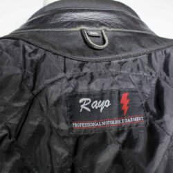 Used Rayo black and white vintage leather jacket with back padding and a combi-pants connection zipper, showing minor wear and a functional zipper with one missing tooth.