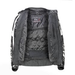 Used Rayo black and white vintage leather jacket with back padding and a combi-pants connection zipper, showing minor wear and a functional zipper with one missing tooth.