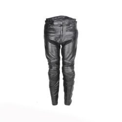 Used SAR black leather Café-Racer trousers with knee and hip protection, a stretch fabric panel, and a combi-jacket connection zipper.