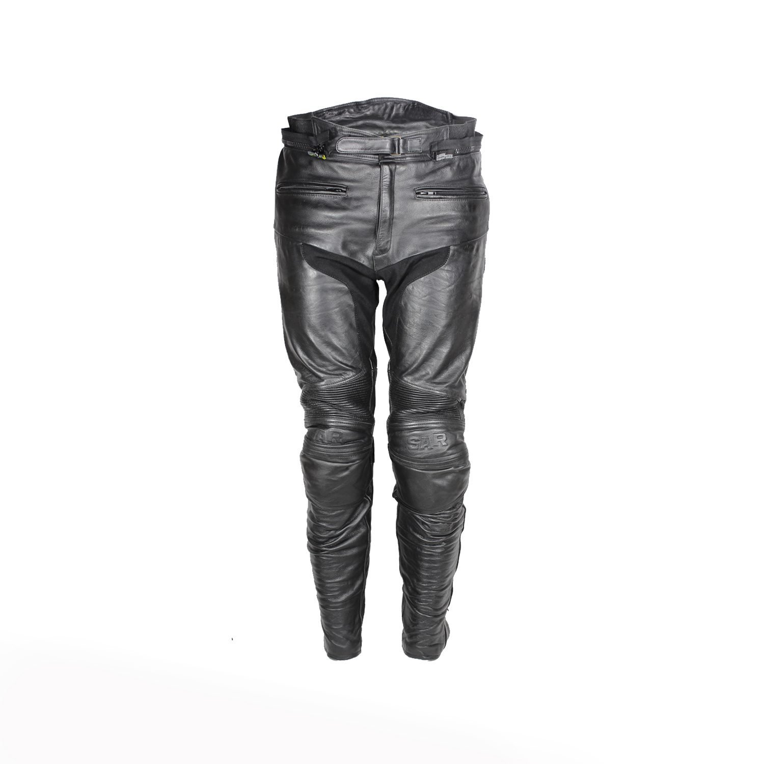 Used SAR black leather Café-Racer trousers with knee and hip protection, a stretch fabric panel, and a combi-jacket connection zipper.