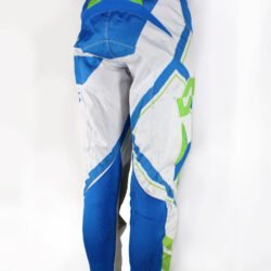 Used Scott Series 350 blue and white cross pants with hip protection and an adjustable waist, showing minor wear marks.