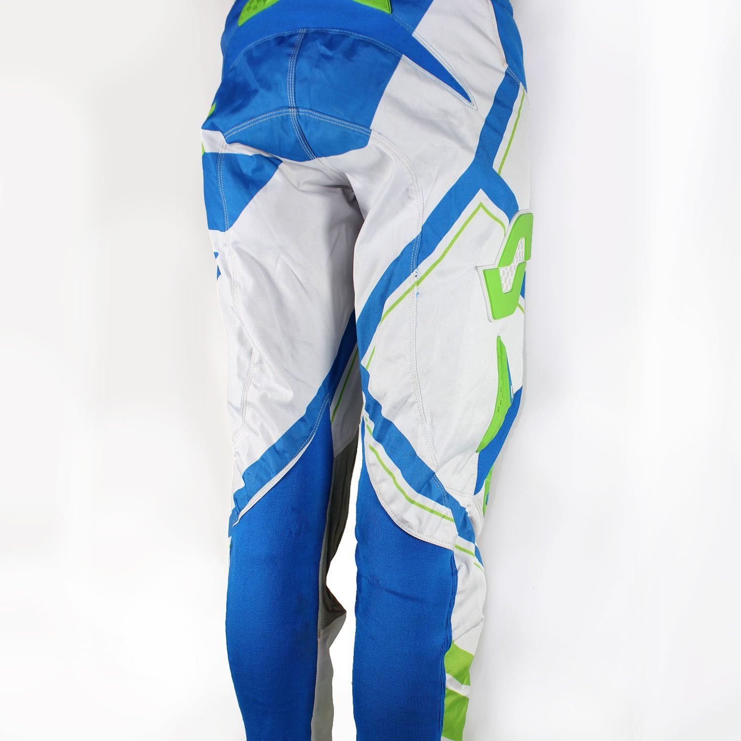 Used Scott Series 350 blue and white cross pants with hip protection and an adjustable waist, showing minor wear marks.