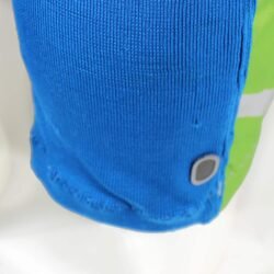 Used Scott Series 350 blue and white cross pants with hip protection and an adjustable waist, showing minor wear marks.