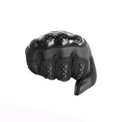 A pair of black motorcycle gloves with hard knuckle protectors on the back.