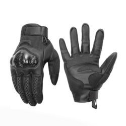 A pair of black motorcycle gloves with hard knuckle protectors on the back.