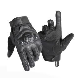 A pair of black motorcycle gloves with hard knuckle protectors on the back.