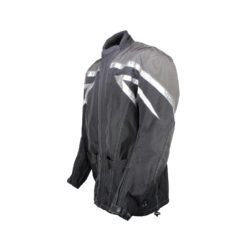 Used Uvex black and grey textile touring jacket with shoulder, elbow, and back protection, showing very minor wear and slight fading.