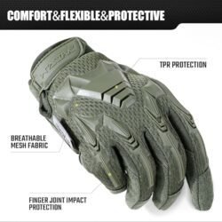 A pair of green tactical motorcycle gloves with hard knuckle protectors and reinforced palms