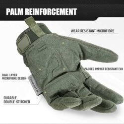 A pair of green tactical motorcycle gloves with hard knuckle protectors and reinforced palms