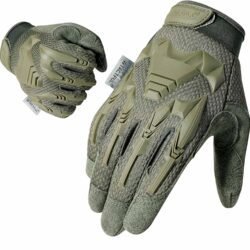 A pair of green tactical motorcycle gloves with hard knuckle protectors and reinforced palms