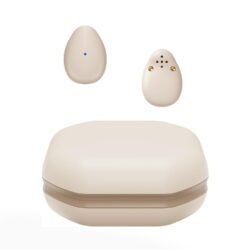 Earbuds being worn with a motorcycle helmet.