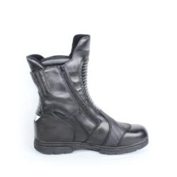 A pair of black leather Air Star street boots in size 42. The boots feature protection for the toes, shin, ankles, and heels, a reinforced sole, gear/brake lever protection, and reflectors. They show some wear marks, with minor damage to the synthetic leather panels on the front and back.
