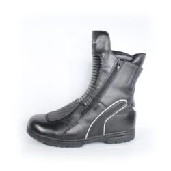 A pair of black leather Air Star street boots in size 42. The boots feature protection for the toes, shin, ankles, and heels, a reinforced sole, gear/brake lever protection, and reflectors. They show some wear marks, with minor damage to the synthetic leather panels on the front and back.