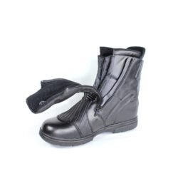 A pair of black leather Air Star street boots in size 42. The boots feature protection for the toes, shin, ankles, and heels, a reinforced sole, gear/brake lever protection, and reflectors. They show some wear marks, with minor damage to the synthetic leather panels on the front and back.