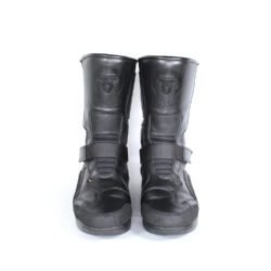 Hein Gericke Bullson Cycko black leather motorcycle boots, size 38 — durable street and touring boots with ShetTex waterproof membrane, reinforced toe, heel, ankle, and shin protection, and good condition with minor wear marks.