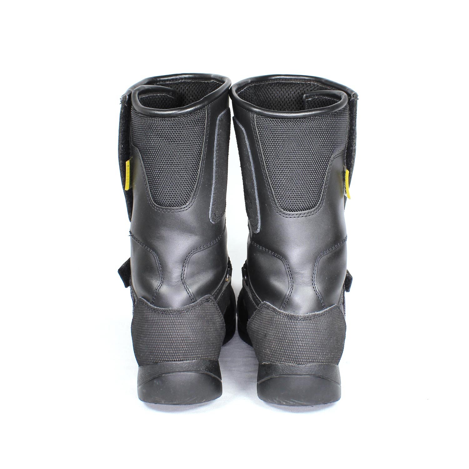 A pair of black leather Hein Gericke Bullson Cycko touring boots in size 37. They feature a Shettex waterproof membrane and protection for the toes, shin, ankles, and heel, with a reinforced sole. The boots show some wear marks, including a deep scratch on the side of the left boot.