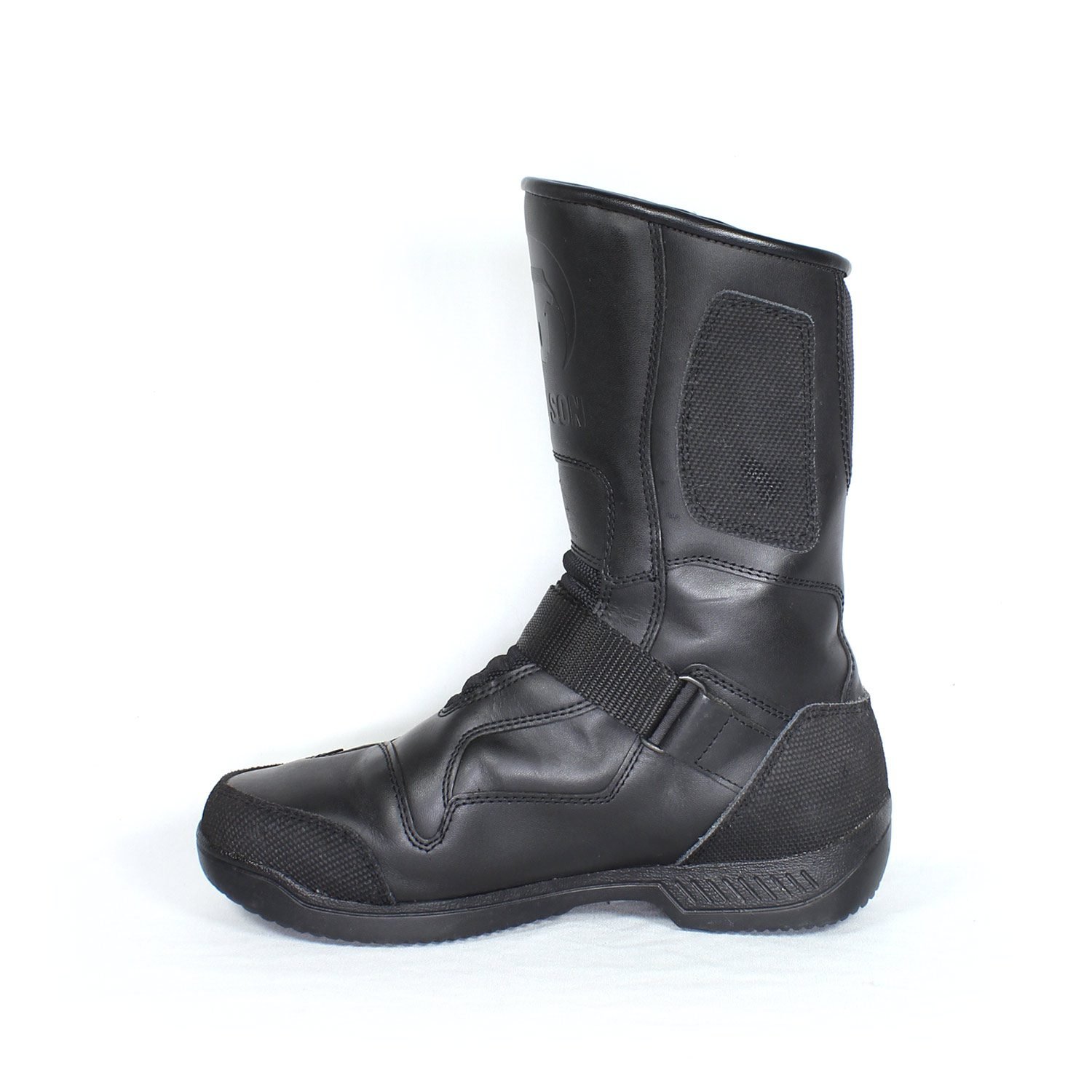 A pair of black leather Hein Gericke Bullson Cycko touring boots in size 37. They feature a Shettex waterproof membrane and protection for the toes, shin, ankles, and heel, with a reinforced sole. The boots show some wear marks, including a deep scratch on the side of the left boot.