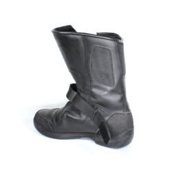A pair of black leather Hein Gericke Bullson Cycko touring boots in size 37. They feature a Shettex waterproof membrane and protection for the toes, shin, ankles, and heel, with a reinforced sole. The boots show some wear marks, including a deep scratch on the side of the left boot.