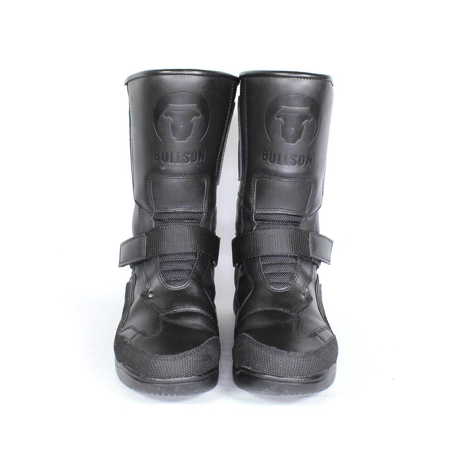A pair of black leather Hein Gericke Bullson Cycko touring boots in size 37. They feature a Shettex waterproof membrane and protection for the toes, shin, ankles, and heel, with a reinforced sole. The boots show some wear marks, including a deep scratch on the side of the left boot.