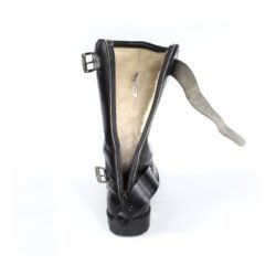 A pair of black, classic vintage-style leather riding boots in size 41. The boots feature a warm, wool-like interior lining, a rear zipper with two buckles, and protective reinforcements on the heel and reinforced sole with gear and brake lever protection. They are in very good condition with minor wear marks.