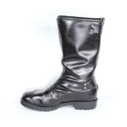 A pair of black, classic vintage-style leather riding boots in size 41. The boots feature a warm, wool-like interior lining, a rear zipper with two buckles, and protective reinforcements on the heel and reinforced sole with gear and brake lever protection. They are in very good condition with minor wear marks.