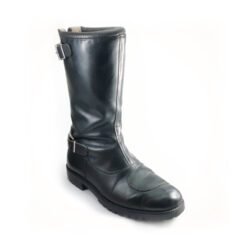 A pair of black, classic vintage-style leather riding boots in size 41. The boots feature a warm, wool-like interior lining, a rear zipper with two buckles, and protective reinforcements on the heel and reinforced sole with gear and brake lever protection. They are in very good condition with minor wear marks.