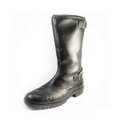 A pair of black, classic vintage-style leather riding boots in size 41. The boots feature a warm, wool-like interior lining, a rear zipper with two buckles, and protective reinforcements on the heel and reinforced sole with gear and brake lever protection. They are in very good condition with minor wear marks.