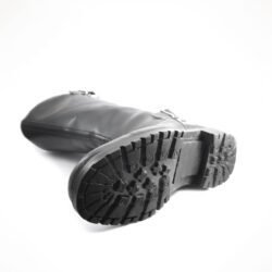 A pair of black, classic vintage-style leather riding boots in size 41. The boots feature a warm, wool-like interior lining, a rear zipper with two buckles, and protective reinforcements on the heel and reinforced sole with gear and brake lever protection. They are in very good condition with minor wear marks.