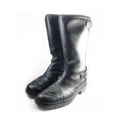 A pair of black, classic vintage-style leather riding boots in size 41. The boots feature a warm, wool-like interior lining, a rear zipper with two buckles, and protective reinforcements on the heel and reinforced sole with gear and brake lever protection. They are in very good condition with minor wear marks.
