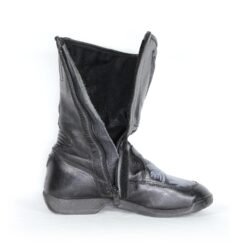 A pair of customized black leather Dainese touring boots in size 40, featuring a unique, artistic paint design applied by the Revver Workshop. The boots offer protection for the toes, shin, ankles, and heel, with a reinforced sole. They show some wear marks and have had the gear and brake lever protectors artistically removed as part of the custom design.