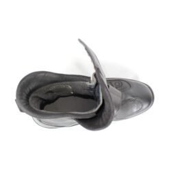 A pair of black leather touring boots, size 41, made in Germany. The boots feature a Gore-Tex membrane for waterproofing and have a high shaft. Key details include ankle protectors on both sides, a reinforced toe box, and a shin protector. The sole is a non-slip rubber with a tire tread pattern. The interior is padded with latex foam for comfort, and the insole is plastic-reinforced with a galvanized steel shank for torsion resistance. Minor wear is visible on the gear lever protection pad and the sole.